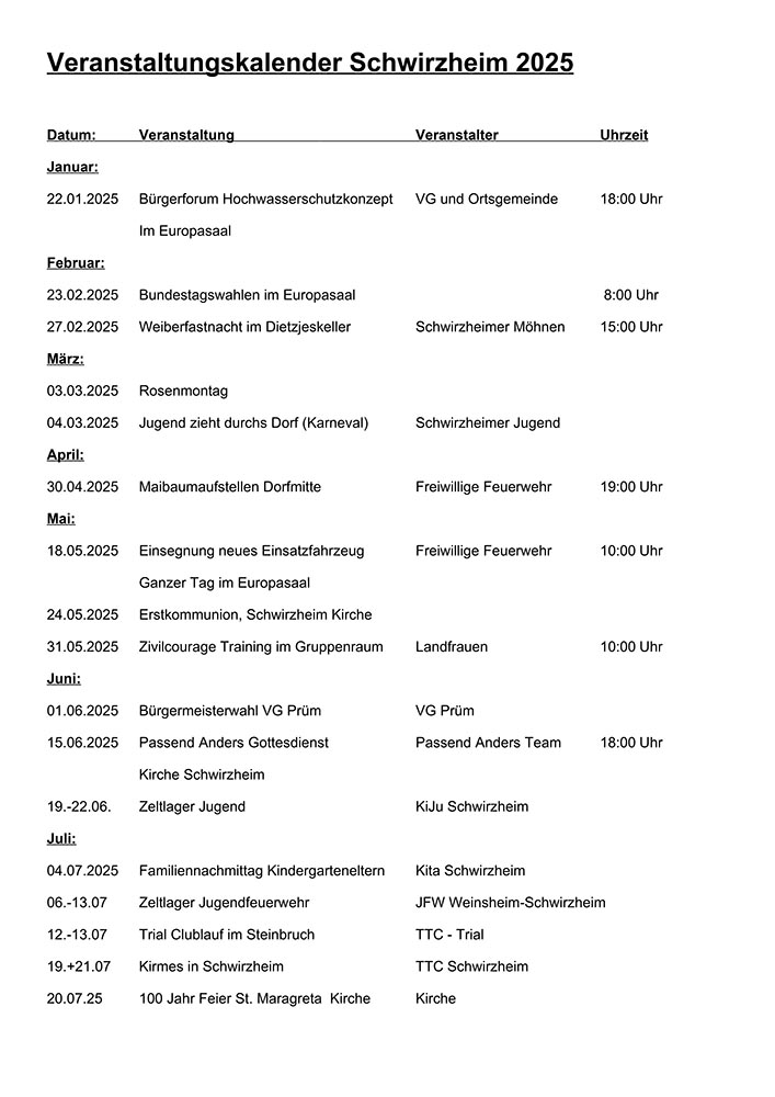 Veranstaltungskalender Schwirzheim 2025 1